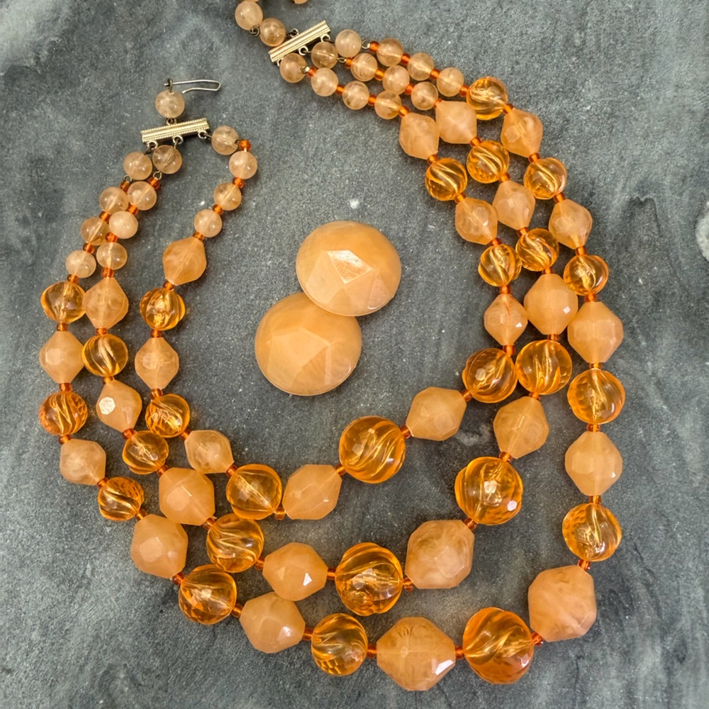 Vintage Western Germany Orange Multi-Strand Beaded Necklace Clip On Earrings Set
